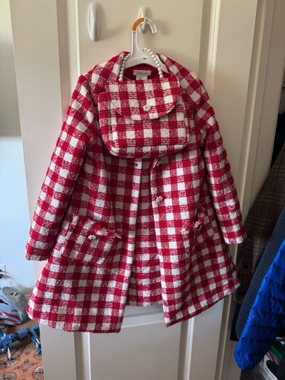 Rachel Zoe Red and White Checkered Dress and Bouclé Jacket with Pearl Accent